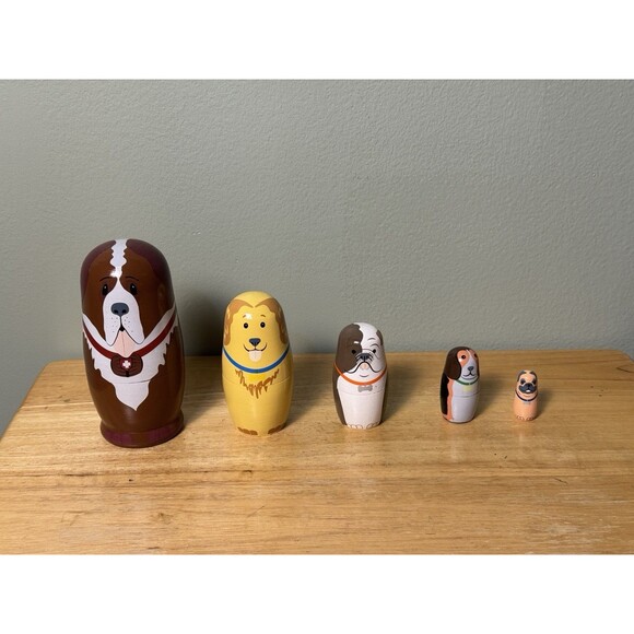 Matryoshka 5pc Wood Dog Nesting Doll Set St Bernard Retriever Bulldog Beagle Pug - Picture 1 of 3